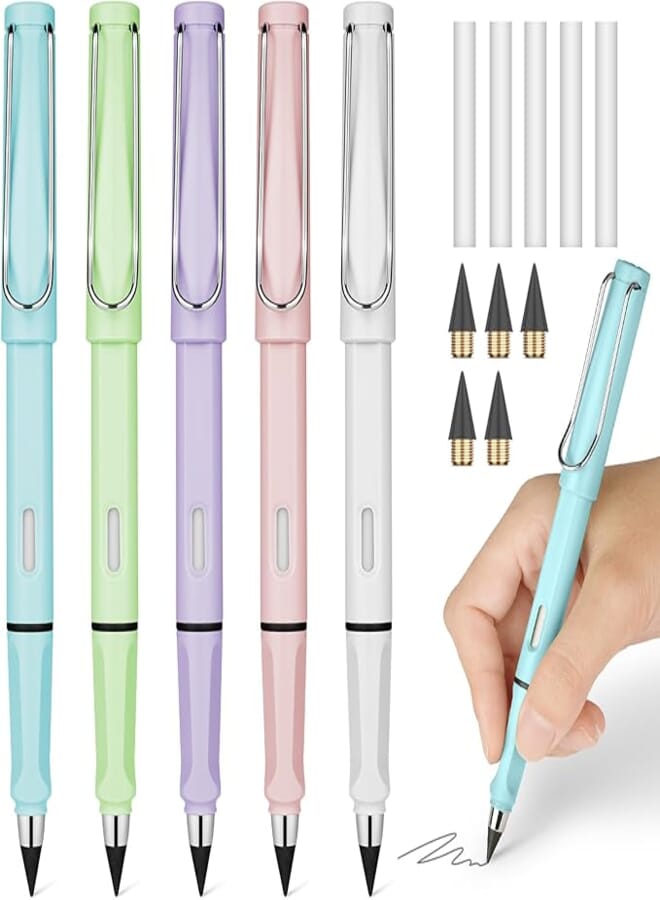 Ainiv 5 Sets Infinity Pencil with Eraser Reusable Inkless Pencil No Sharpen Everlasting Pencil with Extra 5 Eraser & 5 Replaceable Nibs Eternal Pencil for Writing Drawing Home Office School Supplies